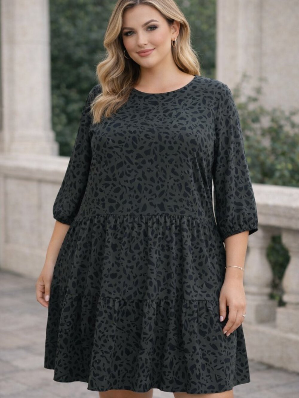 Gilli Olive and Black Patterned Ruffle Tier Dress 1X